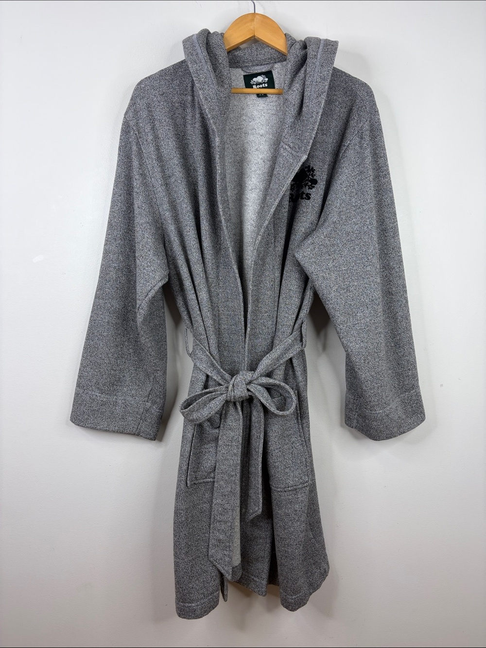 Roots Robe Mens Womens Small Medium Gray Cotton Terry Hooded Loungewear Pockets